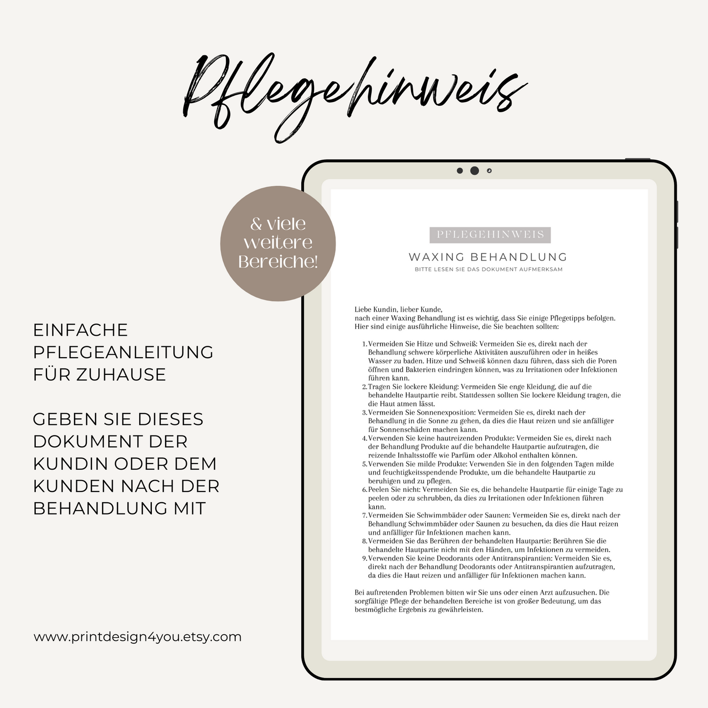 Pflegehinweis für Waxing