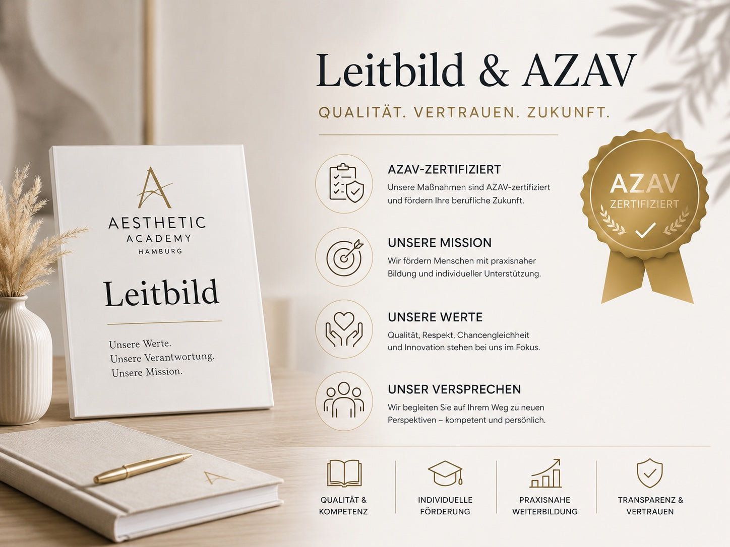 Leitbild und AZAV-Zertifizierung der Aesthetic Academy Hamburg – hochwertige Weiterbildung, Qualität, Kompetenz und berufliche Perspektiven.